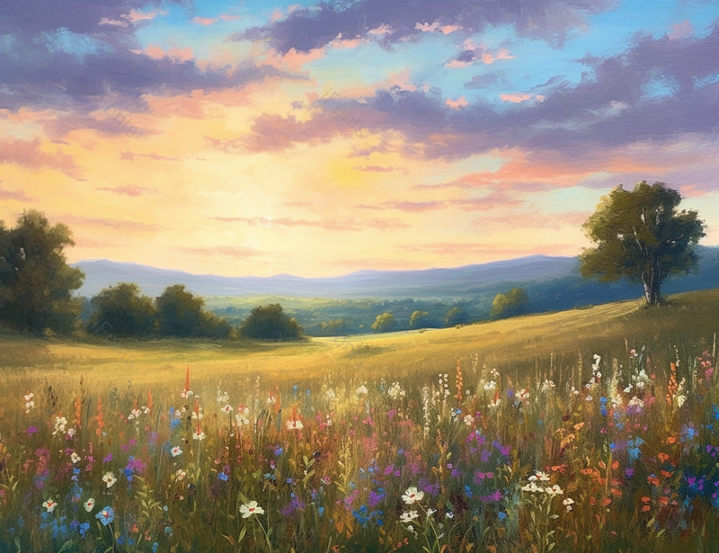 夏日阳光照射在平原草地上白色矢车菊花簇盛,插画/手绘图,插画/手绘图库,插画/手绘图下载,插画/手绘
